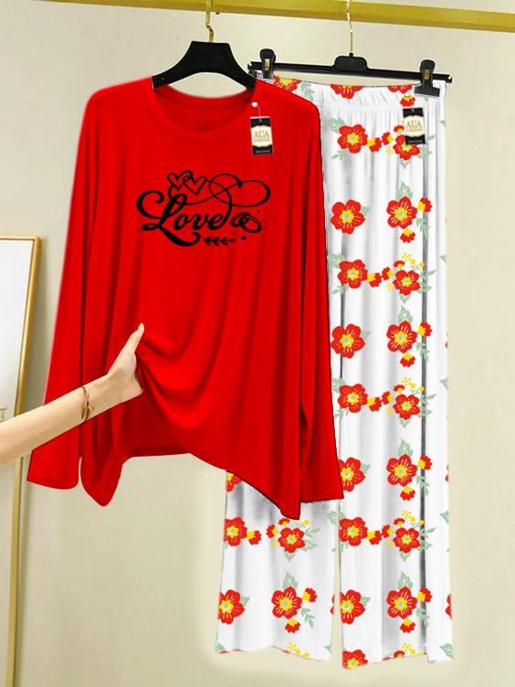 Love Heart Printed Nightwear Set with Flower Printed Trousers – Women's Lounge Wear (005)