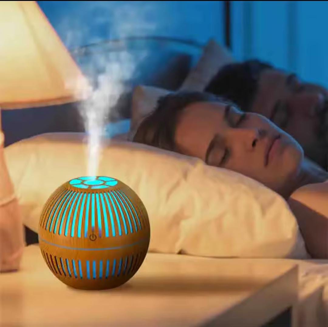 Ball shape wooden textured USB operated Humidifier with lights