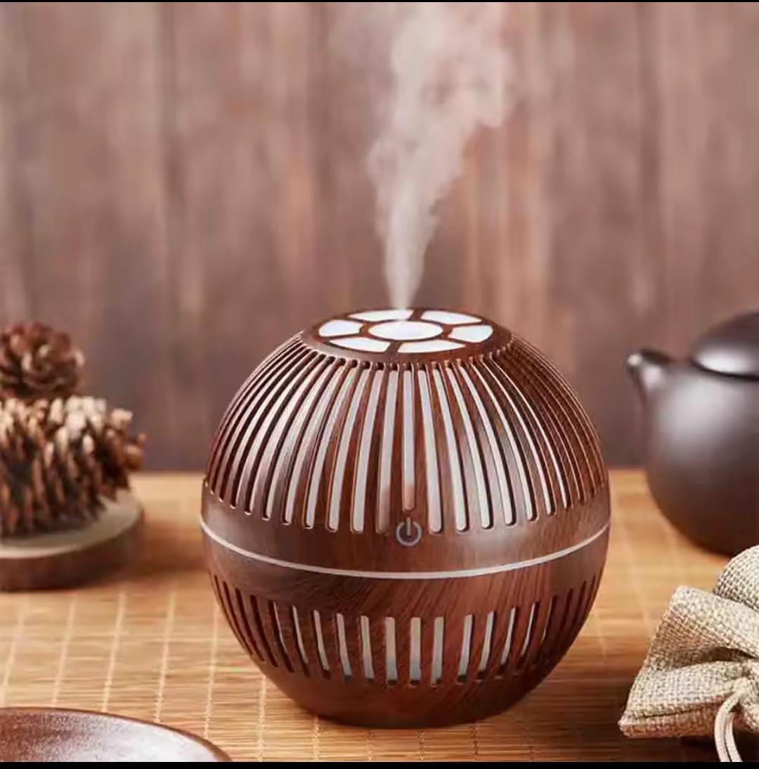 Ball shape wooden textured USB operated Humidifier with lights